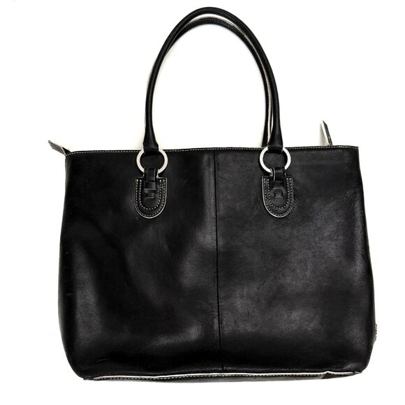 Franklin Covey Tote Handbag 100% Leather Black White Zip Close Double Handles - Picture 1 of 16
